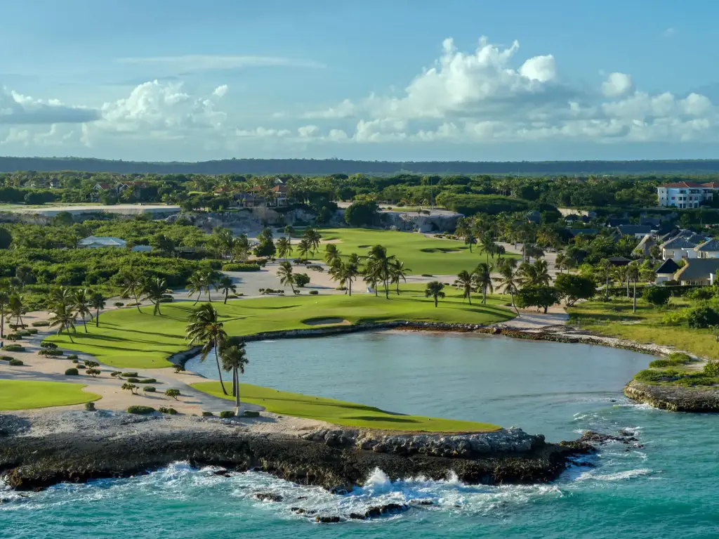Aerial view of the Punta Espada golf course along the Caribbean coast in Cap Cana